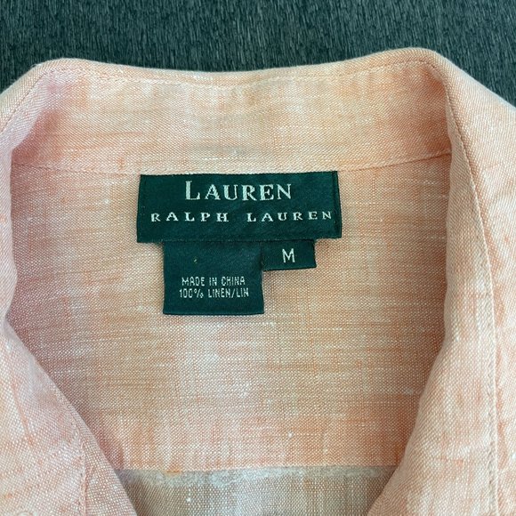Lauren Ralph Lauren Women's Orange 100% Linen Roll Tab LS Button Up Top, Size M - Picture 3 of 6